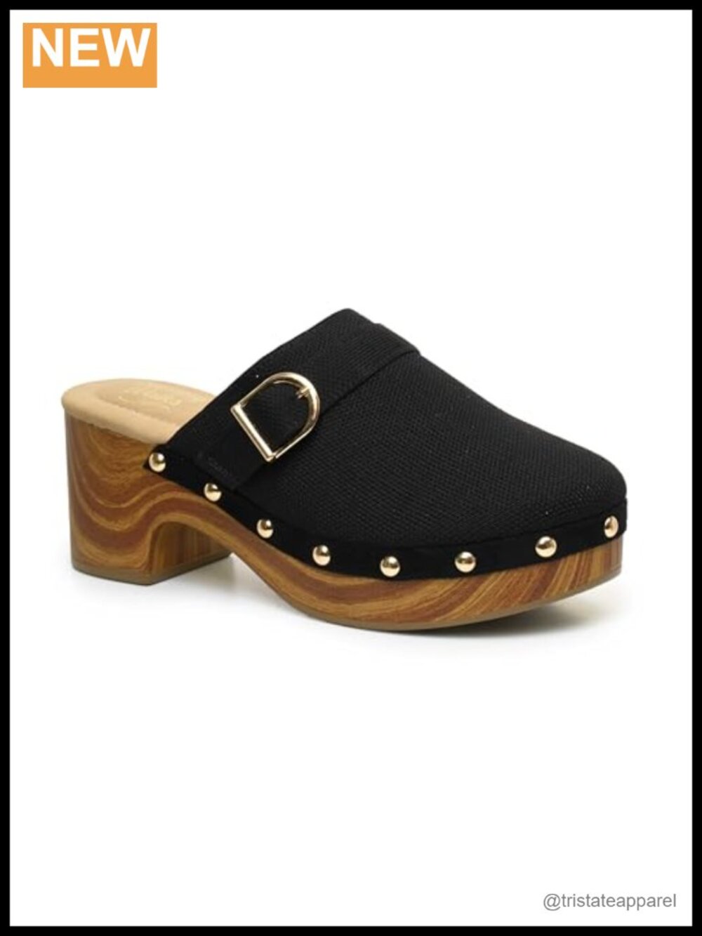 Women's Slip-On Mule Clog Heels with Woodgrain Block Heel & Studded Trim